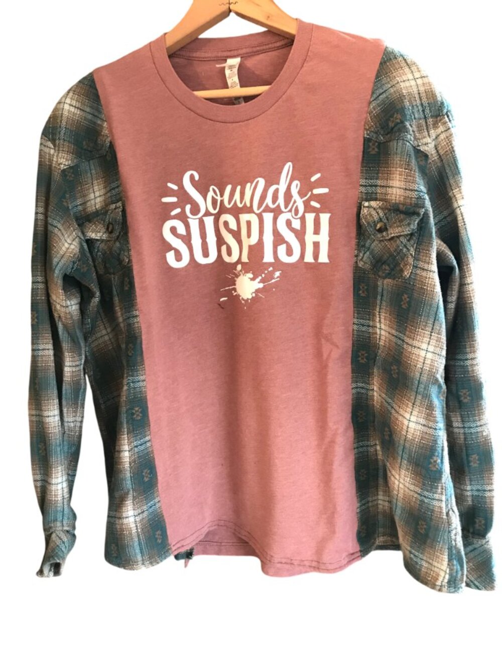 Reworked Flannel Tee, Upcycled Oversized Humorous Graphic T-Shirt Size S-M